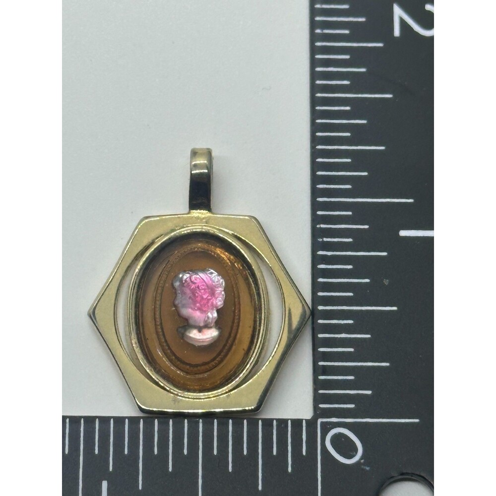 Vintage Intaglio Cameo Pendant Hexagon Gold Tone Left Facing - Picture 2 of 6